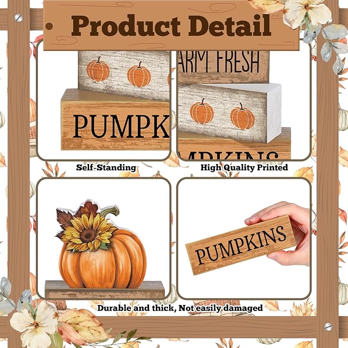 4 Pcs Thanksgiving Pumpkin Decor Fall Table Decoration Fall Tiered Tray Decor Thanksgiving Centerpiece Rustic Decorative Pumpkin Block Signs Farmhouse Harvest Decoration for Home Kitchen