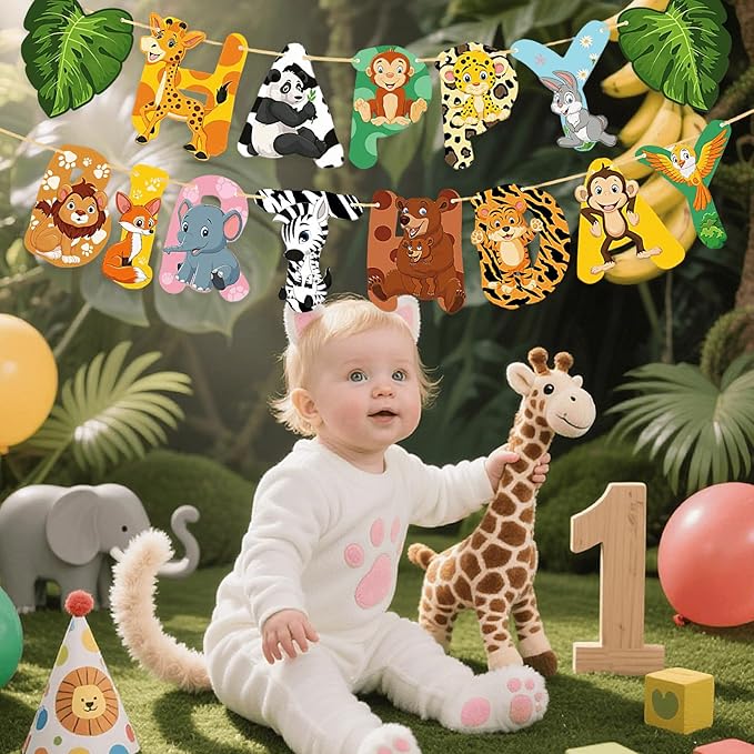 Safari Animal Birthday Banner, Jungle Theme Party Decorations, Zoo Party Supplies for Kids