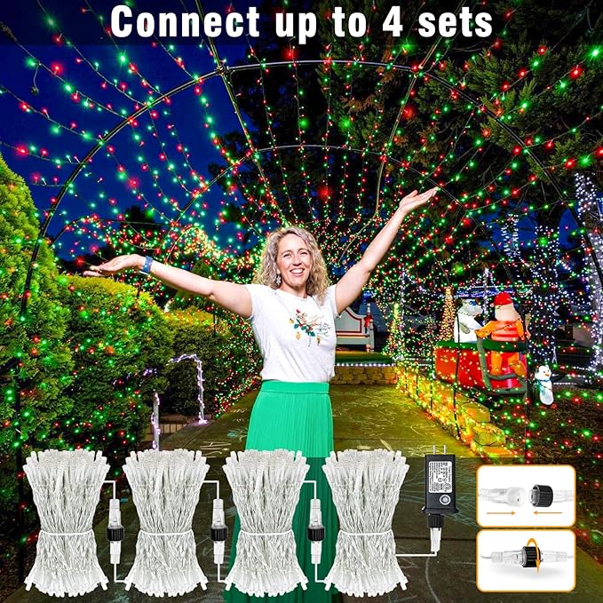 100FT 300 LED Christmas Lights Outdoor, Plug in Christmas String Lights Indoor, Waterproof & 8 Modes & Timer Function, Connectable Fairy Twinkle Light for Home Patio Tree Party Decor, Red Green