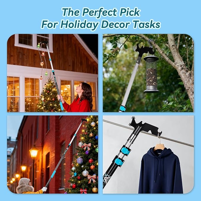 12 FT Telescopic Christmas Light Pole with Hook | Lightweight Aluminum Extension Pole for Outdoor String Lights, Holiday Decorations, Bird Feeders | Ladderless High Reach Tool with Universal Thread