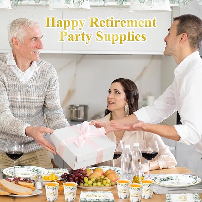 250 Pcs Sage Green Retirement Party Decorations Happy Retirement Paper Plates Napkins and Cups Greenery Gold Tableware Set for Women Men Coworker Goodbye Going Away Party Supplies, Serves 50