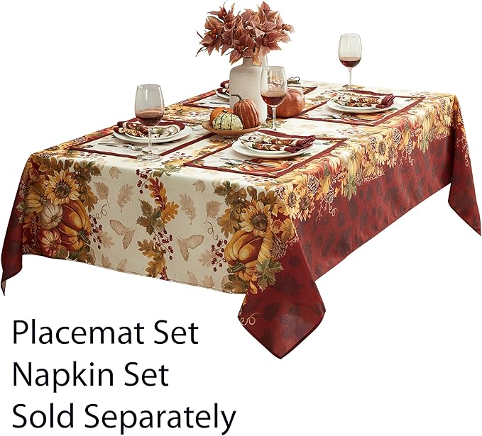 Newbridge Thanksgiving Autumns Bounty Bordered Fabric Tablecloth, 52 x 70 Inch Rectangle, Bountiful Farm Pumpkin Fall Harvest Multicolor Easy Care Table Cloth for Holiday Dining
