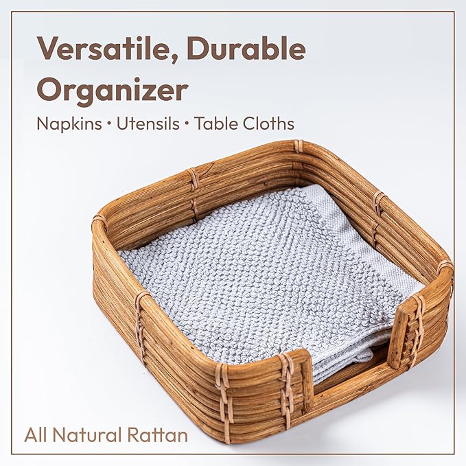 Square Rattan Napkin Holder for Bathroom, Made in Indonesia, 7.5"x7.5" Handwoven Guest Towel Tray for Disposable Paper Napkins, Eco-Friendly Basket for Countertop & Vanity, All Natural Rattan (Honey)