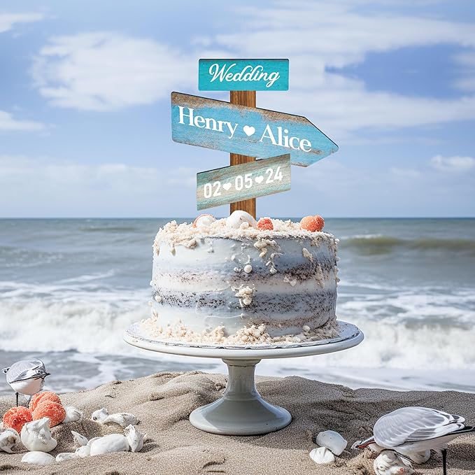 Personalized Beach Themed Wedding Cake Topper in Wood Custom Bride & Groom Names Initials Wedding Date Cake Decoration (Ocean)