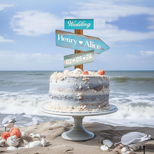 Personalized Beach Themed Wedding Cake Topper in Wood Custom Bride & Groom Names Initials Wedding Date Cake Decoration (Ocean)
