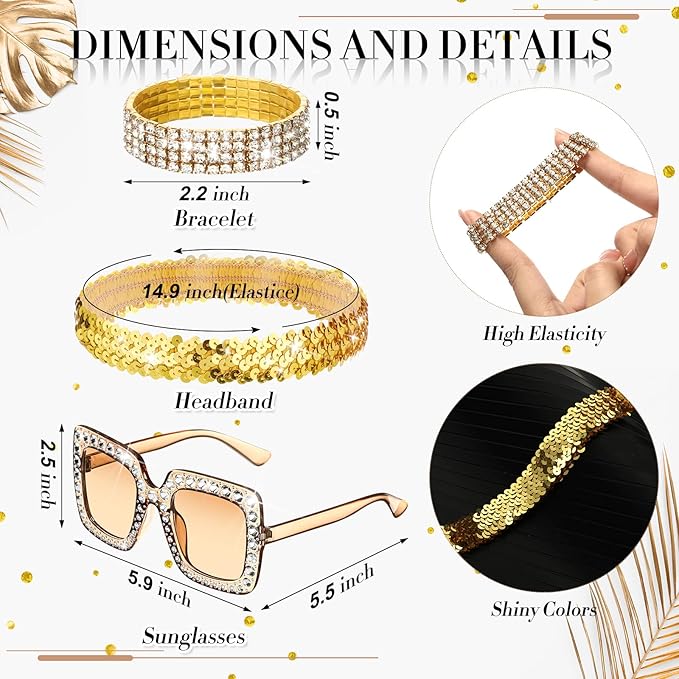 Sasylvia 5 Pcs 70s Disco Accessories Halloween Women Costume Jewelry Sequin Scarf Earrings Sunglasses Bracelet Headband