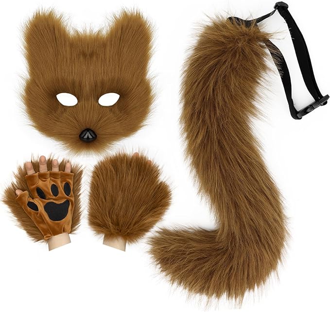 HAOAN Furry Fox Mask Wolf Fox Tail and Paw Gloves Set Adult Cat Halloween Mask Cosplay Animal Party Costume