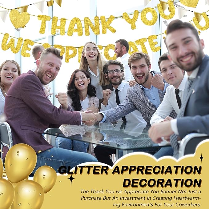 Fulmoon Pre Strung Thank You We Appreciate You Glitter Banner Funny Appreciation Banner for Employee Coworker Staff Teacher Thank Sign Party Decorations(Gold)
