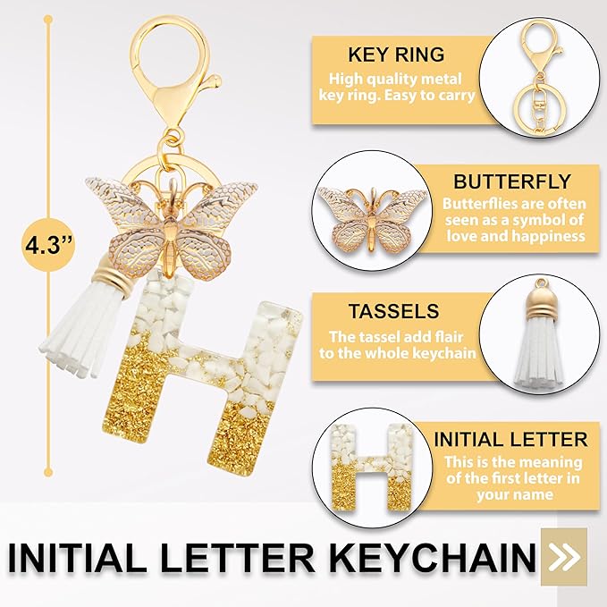 Initial Letter Keychain, Butterfly Keychain Cute Resin, Initial Keychain Backpack Charms, Key chain for Women, Girls