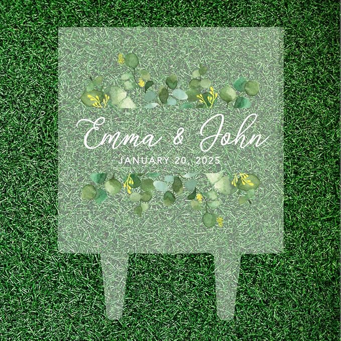 Andaz Press Silver Dollar Eucalyptus Greenery Custom Wedding Cake Topper, Acrylic Square Personalized Couple Cake Topper