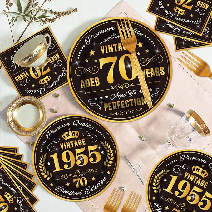 96PCS 70th Birthday Plates and Napkins Party Supplies 70th Birthday Decorations for Men 70th Anniversary Decorations Vintage 1955 Birthday Party Tableware Sets Serve 24 Guests