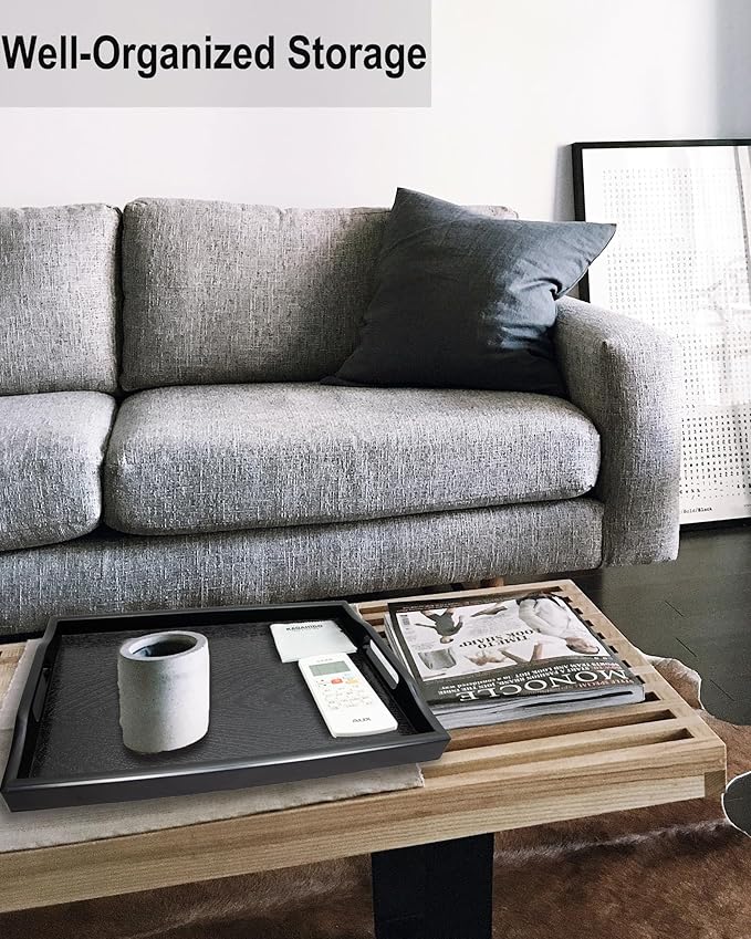 Large Black Plastic Serving Tray with Handles, Set of 2, 19+16.5'', Dishwasher Safe, Stylish, Sturdy, Shatterproof, Napkin and Cleaning Clothes Included