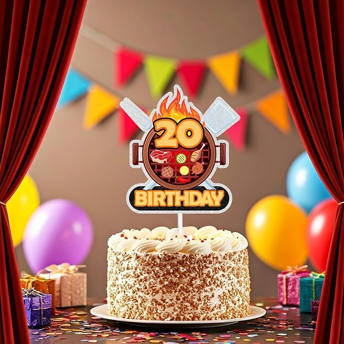 Barbecue Cake Topper 20th Birthday Happy BBQ Sausage Decorations for Men and Women Birthday Party, Summer Outdoor Picnic Party, Anniversary Friends Family Event Gathering Cooking Grill Decoration