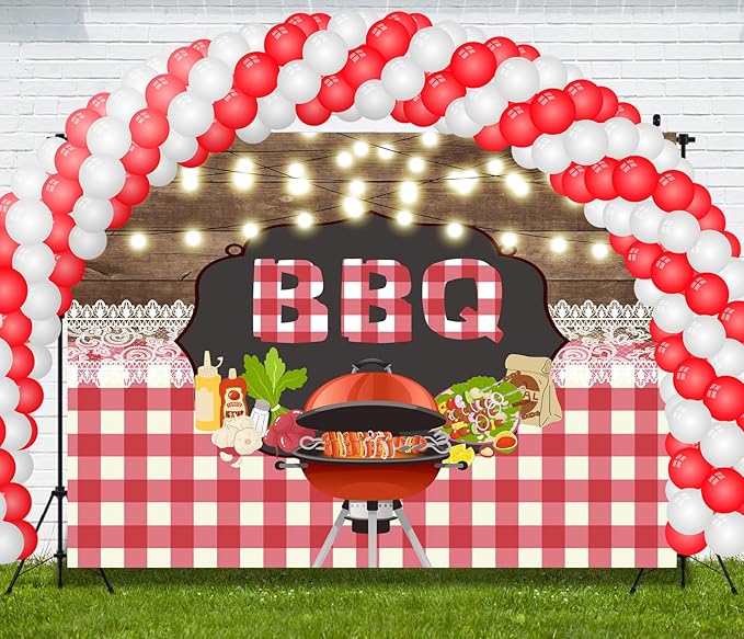 CORFOTO 15x8ft BBQ Family Party Backdrop Brown Wooden Board String Lights Lace Barbecue in The Wild BBQ Theme Party Background Kids Adult Bridal Shower Summer Park Decorations Cake Table Banner