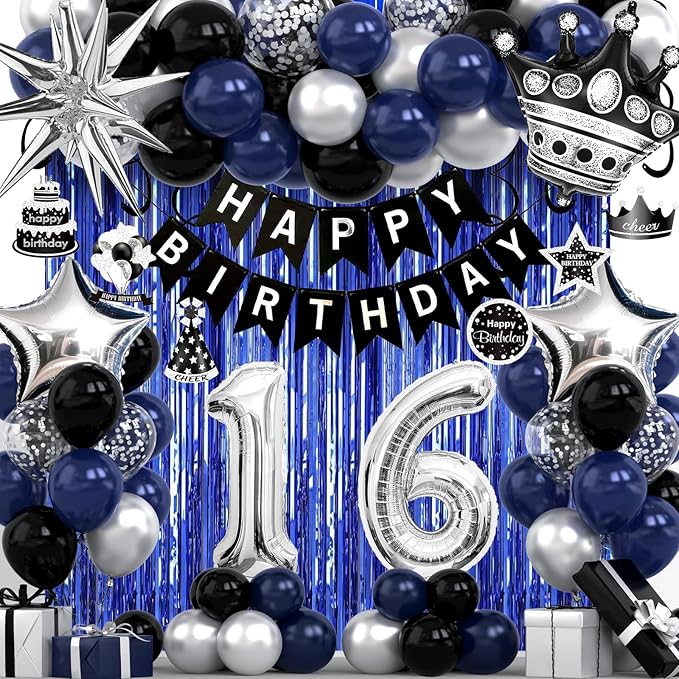 16th Birthday Decorations for Boys and Girls, Black Blue Silver Happy Birthday Number 16 Balloons, Banner, Fringe Curtains Garland Kit - 16 Year Old Party Supplies