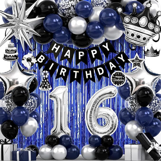 16th Birthday Decorations for Boys and Girls, Black Blue Silver Happy Birthday Number 16 Balloons, Banner, Fringe Curtains Garland Kit - 16 Year Old Party Supplies