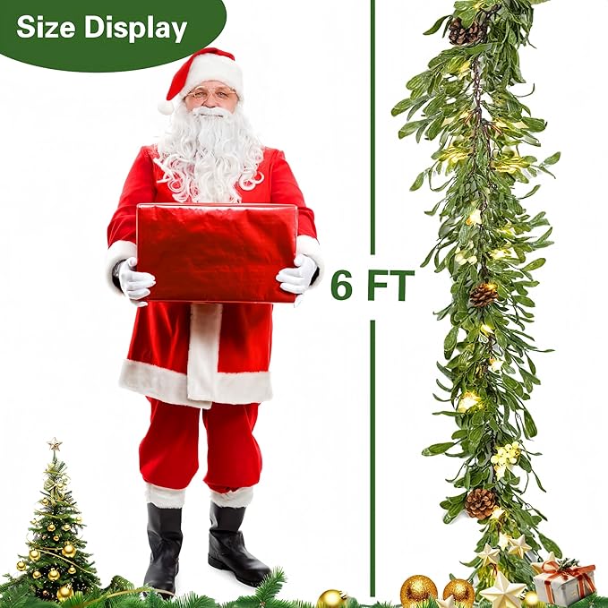 6FT Lighted Garland Christmas with Timer, Faux Cedar Garland Realistic with Berry Pinecone,Xmas Vines for Fireplace Indoor Outdoor Winter Decor