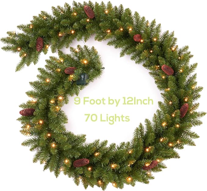 9 FT Christmas Garland Pre-lit 70 LED Lights Holiday Artificial Decor for Stairs Mantle Door Indoor Outdoor Garland with Battery Operated Timer