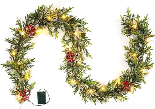 Pre-lit Christmas Garland with Lights, Battery Operated Garland with Star Berry Faux Spruce for Outdoor Indoor Mantle Holiday Decorations 6FT 20LED