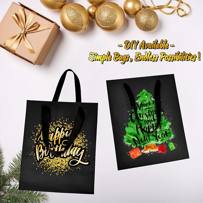 Black Gift Bags 9 Pcs, 8x5x10 Inch Medium Gift Bags, Bulk for Wedding, Party, Birthday, School Supply, Business and Shopping