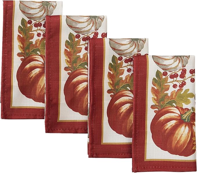 Newbridge Thanksgiving Autumns Bounty Bordered Square Fabric Napkins, Set of 4 Napkins, Bountiful Farm Pumpkin Fall Harvest Multicolor Easy Care Fabric Napkins for Holiday Party