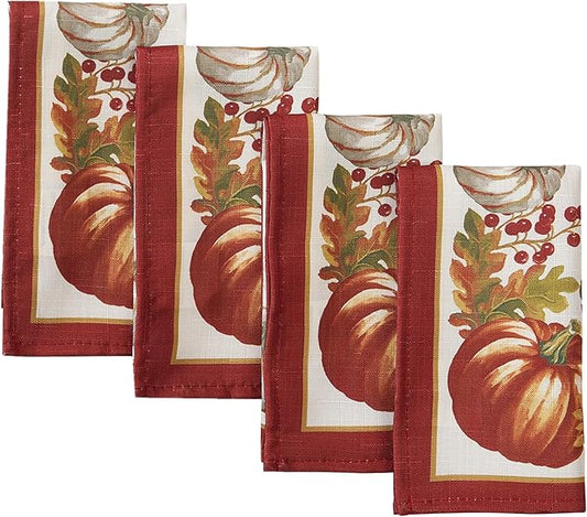 Newbridge Thanksgiving Autumns Bounty Bordered Square Fabric Napkins, Set of 4 Napkins, Bountiful Farm Pumpkin Fall Harvest Multicolor Easy Care Fabric Napkins for Holiday Party