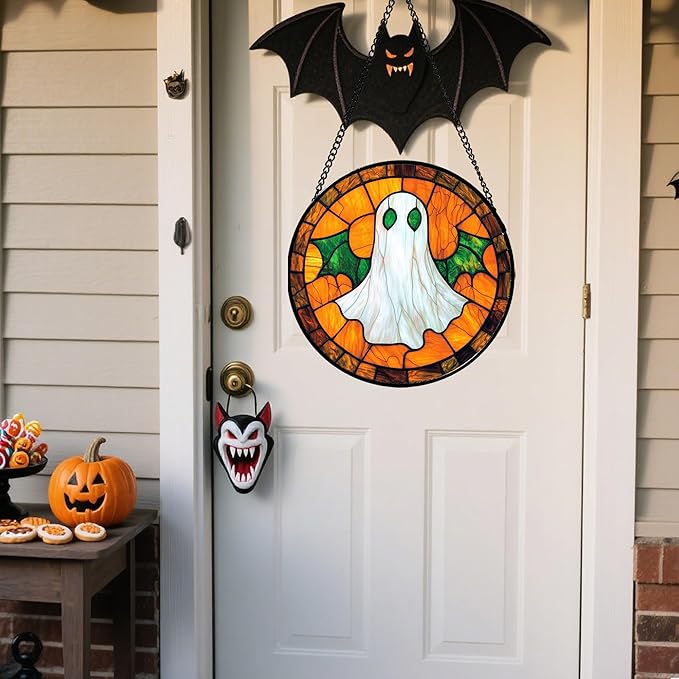 Stained Glass Window Hanging - Halloween Decorations Bat Wings Ghost Suncatcher for Doors Garden Indoor Spooky Funny Sun Catchers Gothic Decor Horror Gifts for Women Men Friend 9.8 in
