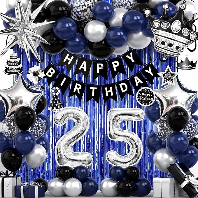 25th Birthday Decorations for Men and Women, Black Blue Silver Happy Birthday Number 25 Balloons, Banner, Fringe Curtains Garland Kit - 25 Year Old Party Supplies