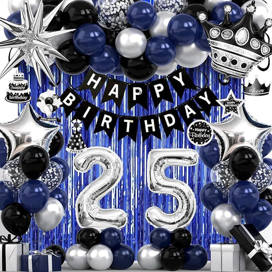 25th Birthday Decorations for Men and Women, Black Blue Silver Happy Birthday Number 25 Balloons, Banner, Fringe Curtains Garland Kit - 25 Year Old Party Supplies