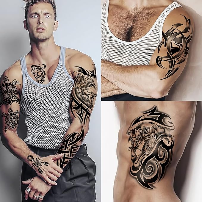 77 Sheets Tribal Temporary Tattoos for Men, 17 Sheets Half Arm Western Tribal Wolf Lion Owl Skull Fake Tattoos for Adults Women, 60 Black Tiny Tattoos Sticker for Halloween Party Supplies