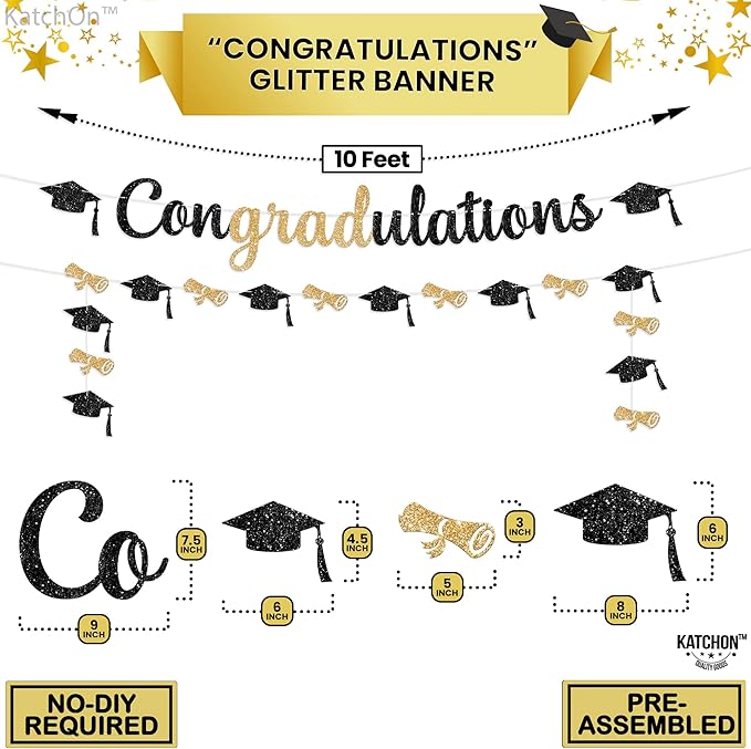 Katchon Congratulations Banner - 10ft | Pre-strung Black And Gold Graduation Banner 2025 | Graduation Decorations 2025 For Party | Congrats Grad banner, Grad Sign, graduation Garland Class Of 2025