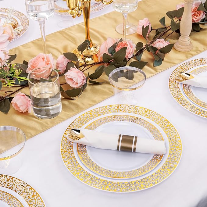 DaYammi 210 PCS Thanksgiving Gold Plastic Plates, Thanksgiving Plastic Dinnerware Sets, Includes: 30 Dinner Plates, 30 Salad Plates, 30 Pre Rolled Napkins with Gold Silverware and 30 Cups 9 OZ