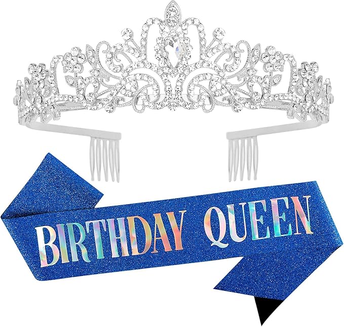 Velscrun Happy Birthday Queen Silver Tiara Crowns for Women, Blue Sash, Party Favors & Decorations