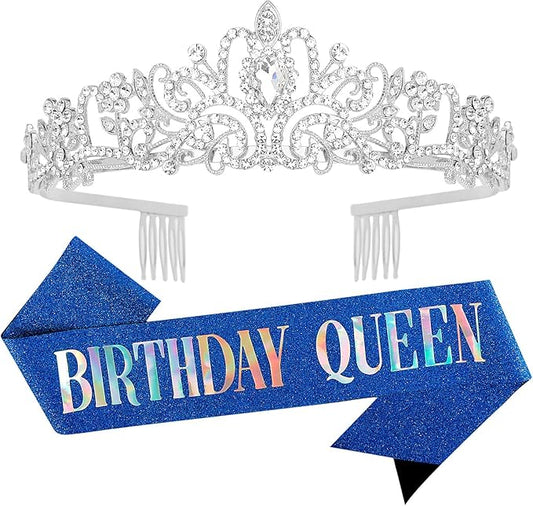 Velscrun Happy Birthday Queen Silver Tiara Crowns for Women, Blue Sash, Party Favors & Decorations