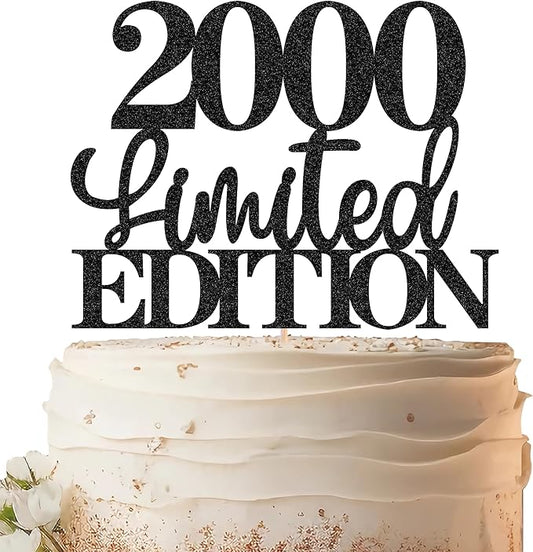 Limited EDITION 2000 Cake Topper - Black Glitter Happy 25th Birthday Party Cake Decoration Supplies, Cheer to 25 Years Cake Bunting Decor for 25th Birthday Party Photo Booth Props