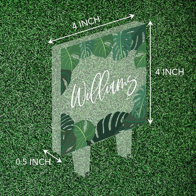 Andaz Press Tropical Greenery Last Name Custom Wedding Cake Topper, Acrylic Square Personalized Couple Cake Topper
