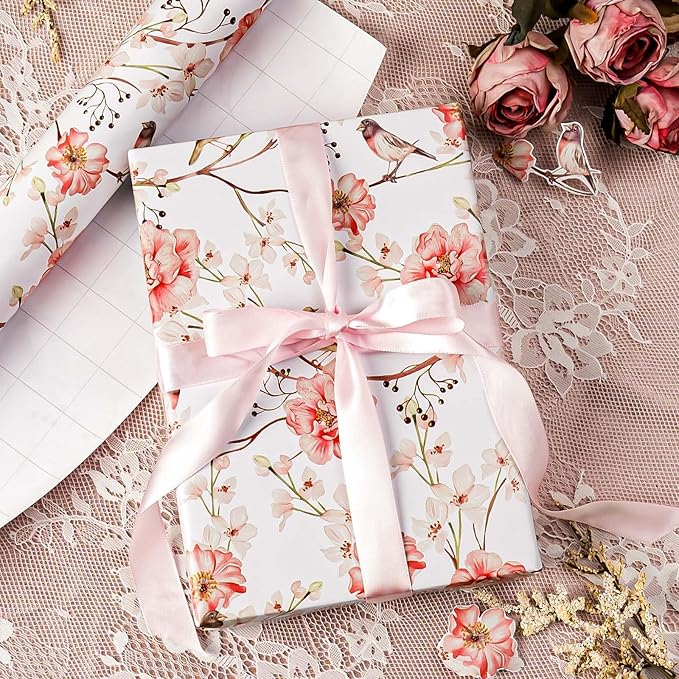 MIMUTI Watercolor Floral Wrapping Paper - Mini Roll - 17 Inch x 33 Feet - Red Gift Wrap with Flower and Bird Design for Girls, Wedding, Mother’s Day, Birthday, Valentine’s Day