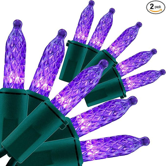 YULETIME Purple Faceted LED Christmas Lights 200 Count 50 ft, Pack of 2 Strands 25 ft 100 Lights UL Certified Commercial Grade Green Wire Holiday String Light Set (Purple)