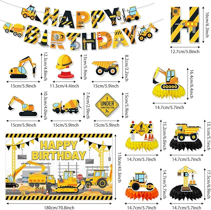 Construction Birthday Party Supplies, Truck Theme Party Decorations Include Happy Birthday Banner, Backdrop, Hanging Swirls, Honeycomb Centerpieces, Construction Birthday Party Supplies for Boys Kids