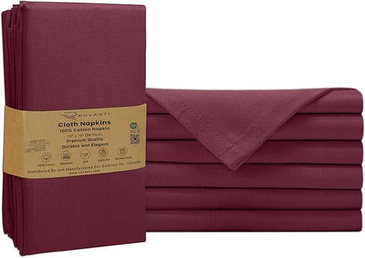Ruvanti Premium Cloth Napkins Set of 6, 18x18 Inches, 100% Cotton, Washable, Soft & Absorbent, Perfect for Wedding, Christmas, ‎Thanksgiving Dinners - Burgundy