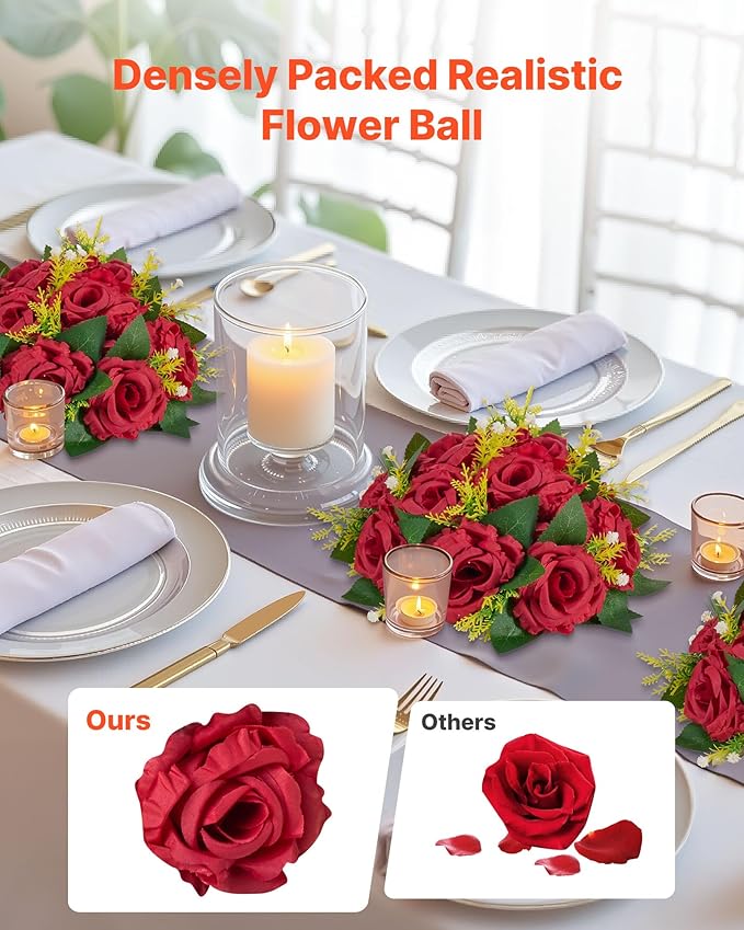 VEVOR Flower Balls Arrangement Bouquet 10 PCS, 9.5-Inch Wedding Red Roses Centerpieces, Fake Flowers Kissing Balls Decor Artificial Floral Arrangements Flower Bouquet for Home Party Table Decorations