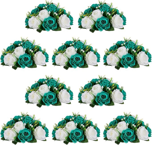 NUPTIO Flower Wedding Centrepieces for Tables - 10 Pcs 9.5in Diameter Teal & White Artificial Flowers Rose Ball for Centerpieces Table - Fake Rose Arrangements for Weddings Birthday Party Decorations