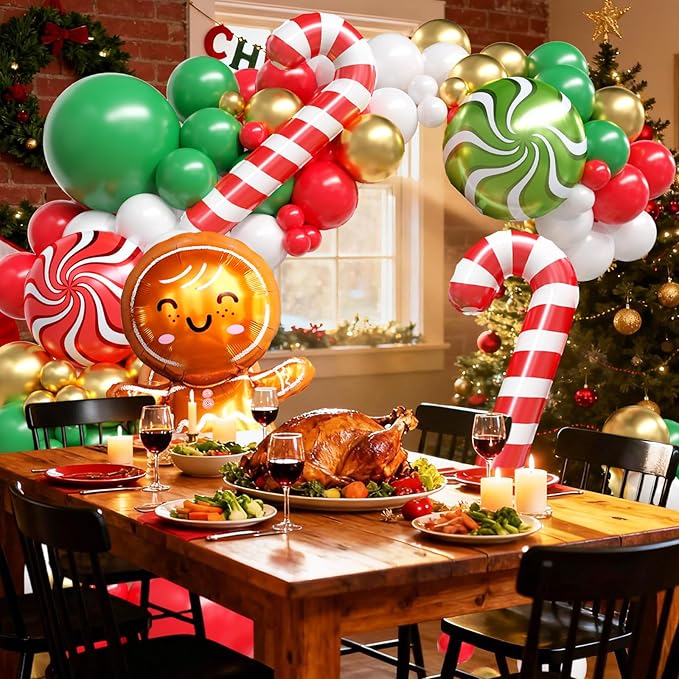 Christmas Balloon Arch Kit, Gingerbread Man Balloon Garland with Green Red White Balloons Candy Cane Foil balloons for Christmas Party Decorations Xmas Party Supplies