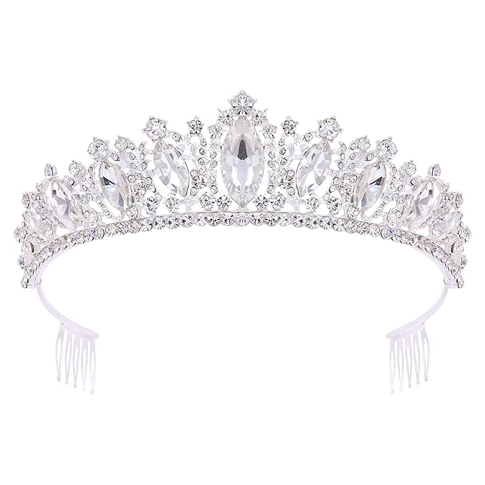 Oriamour Glamorous Crystal-Studded Wedding Crown with Leafy Accents and Combs (Silver, Normal)