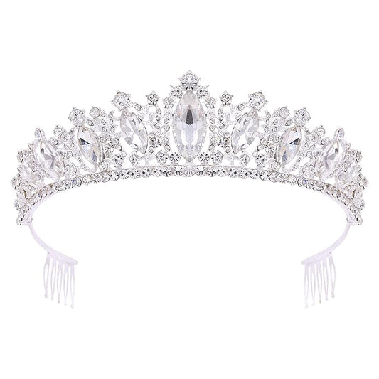 Oriamour Glamorous Crystal-Studded Wedding Crown with Leafy Accents and Combs (Silver, Normal)