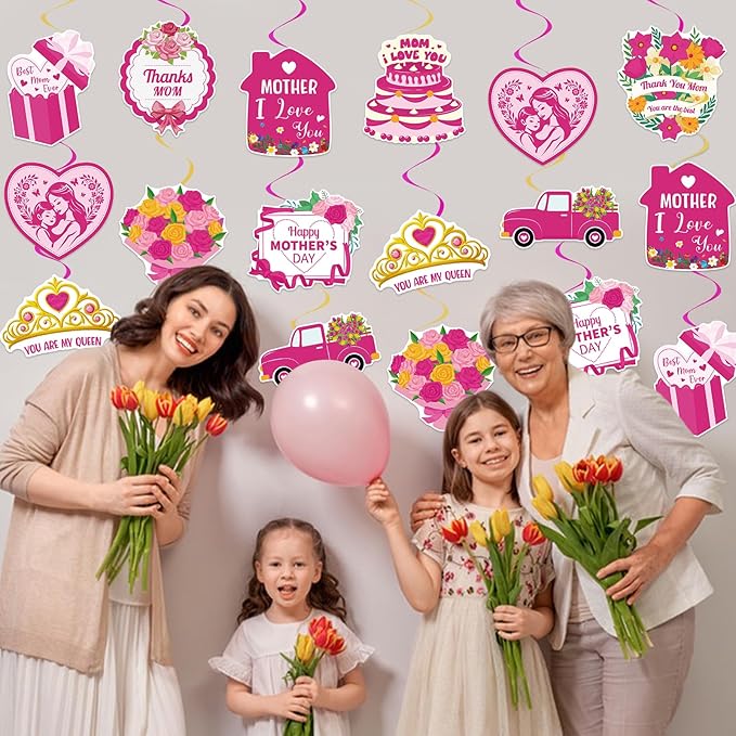 40Pcs Mother's Day Decorations Hanging Swirls, Double Sided Mother's Day Hanging Decorations Best Mom Ever Ceiling Hanging Foil Swirls for Mothers Day Party Decor