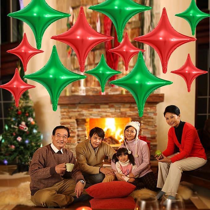 Red Green Christmas Balloons,12Pcs Four Angle Star Foil Balloons,26Inch and 10Inch Red Green Quadrangle Helium Balloon for Christmas Xmas New Year Birthday Party Decorations