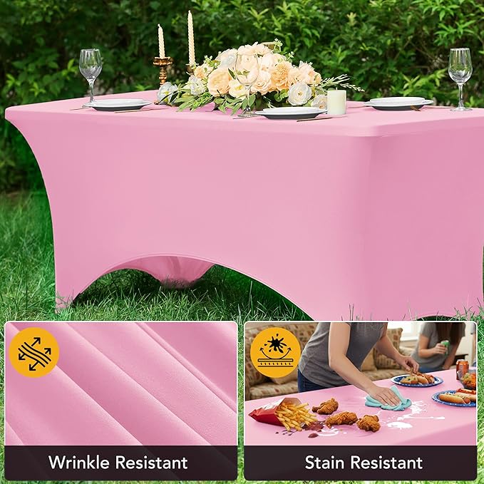 8-Pack Premium Pink Spandex Tablecloths for 6ft Rectangle Tables, Stain & Wrinkle-Resistant, Washable Stretch Polyester Fitted Table Cover for Weddings, Banquets, Trade Shows Events