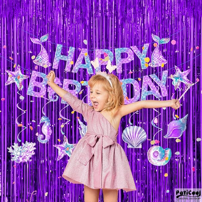 Purple Streamers Thicken 2 Pack 3.3 x 6.6 FT, Purple Tinsel Foil Fringe Curtains, Photo Booth Props Backdrops for Birthday, Halloween, Graduation Party Decorations