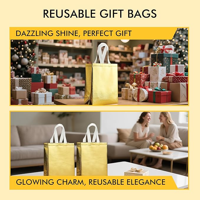 RACETOP 15 Pcs Gold Gift Bags Medium Size, 8x4x10 Inch Reusable Gift Bags with Handles & Sturdy Base, Ideal for Birthday, Wedding, Bachelorette, Party Favors, Holiday Goodie
